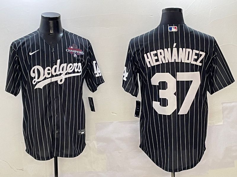 Men Los Angeles Dodgers 37 Hernandez Black Stripe Jointly Name 2025 Nike MLB Jersey style 4